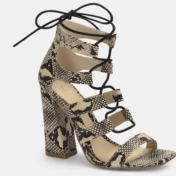 Shoes - Gray Snake Print Flare Heel Ghillie Sandals